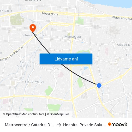 Metrocentro / Catedral De Managua to Hospital Privado Salud Integral map