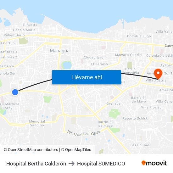 Hospital Bertha Calderón to Hospital SUMEDICO map