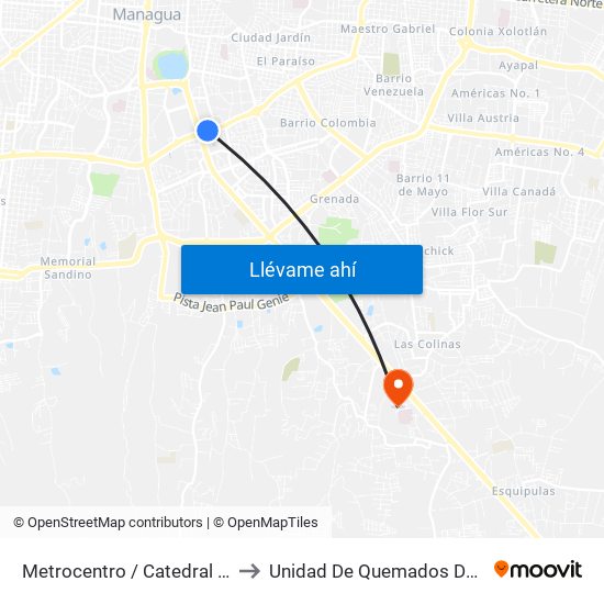 Metrocentro / Catedral De Managua to Unidad De Quemados De APROQUEN map
