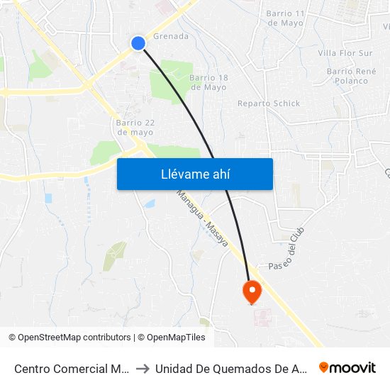 Centro Comercial Managua to Unidad De Quemados De APROQUEN map