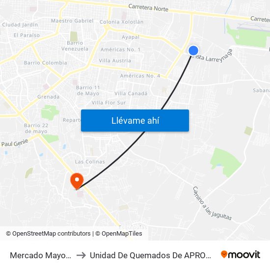 Mercado Mayoreo to Unidad De Quemados De APROQUEN map