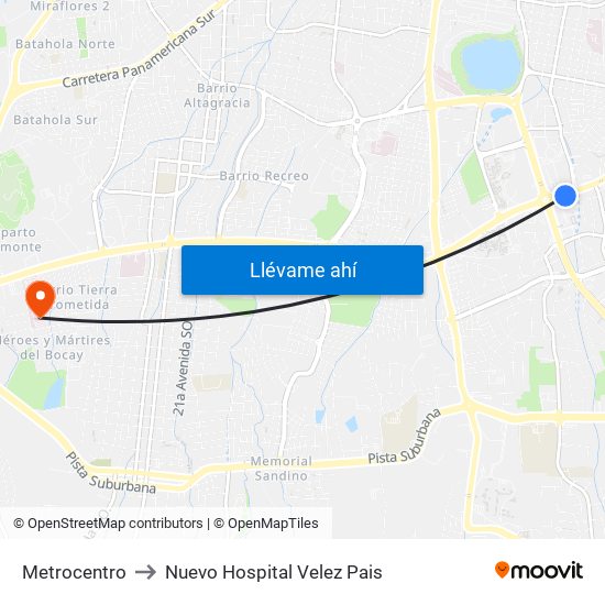Metrocentro to Nuevo Hospital Velez Pais map
