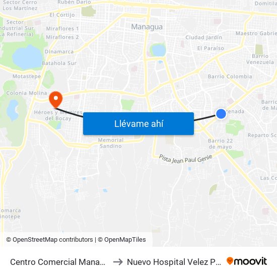 Centro Comercial Managua to Nuevo Hospital Velez Pais map