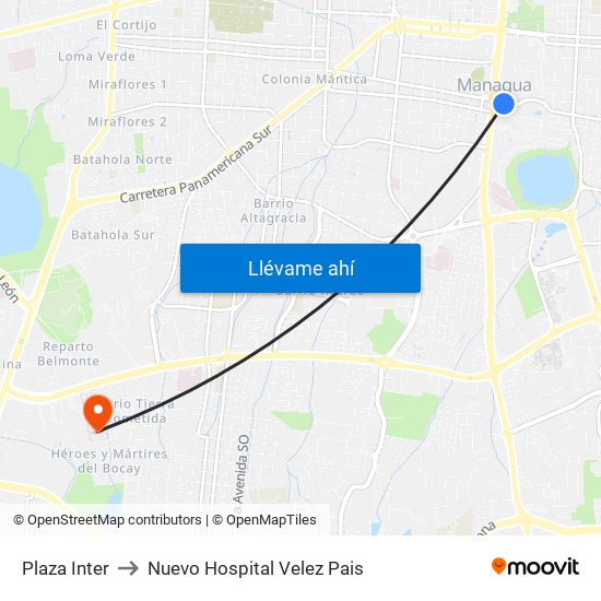 Plaza Inter to Nuevo Hospital Velez Pais map