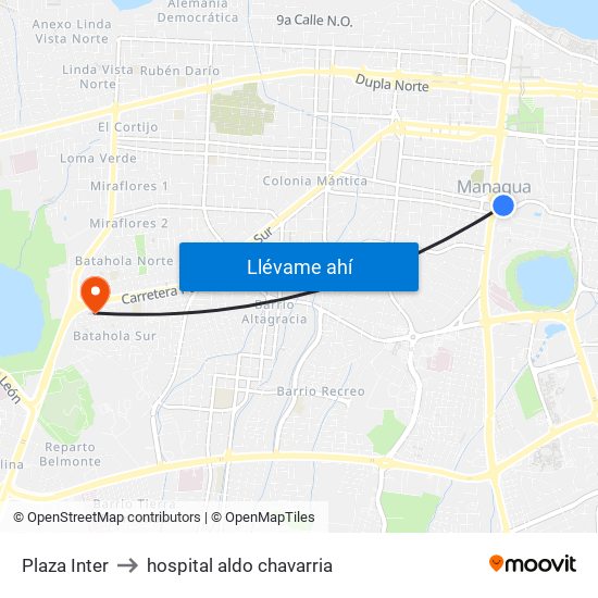 Plaza Inter to hospital aldo chavarria map
