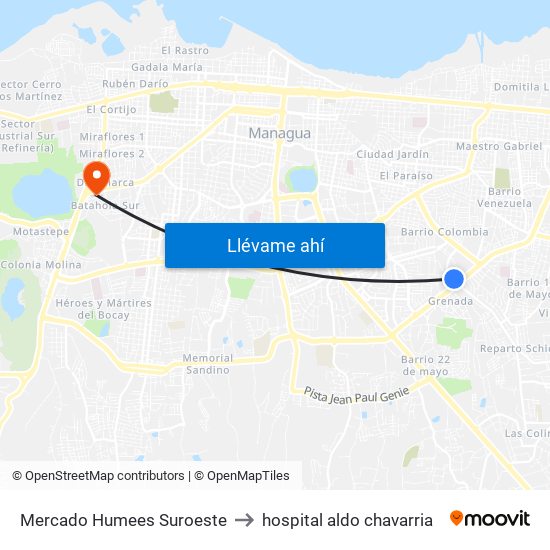 Mercado Humees Suroeste to hospital aldo chavarria map