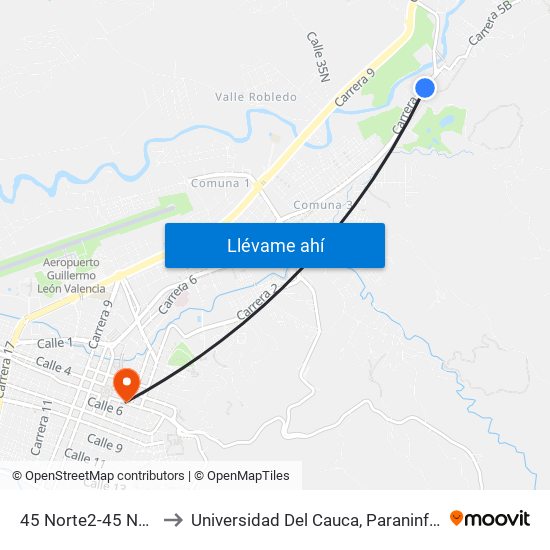 45 Norte2-45 Norte36 Carrera 6 to Universidad Del Cauca, Paraninfo Francisco José De Caldas map