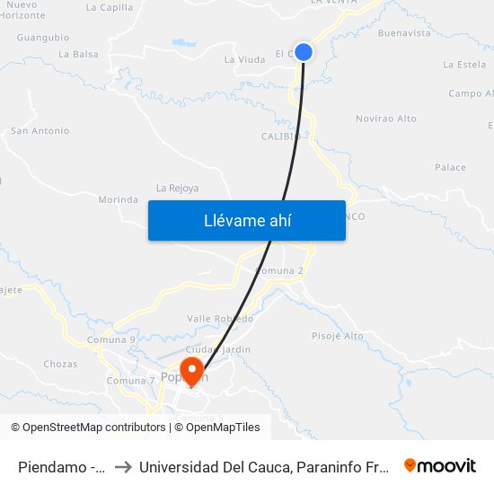 Piendamo - Popayan to Universidad Del Cauca, Paraninfo Francisco José De Caldas map