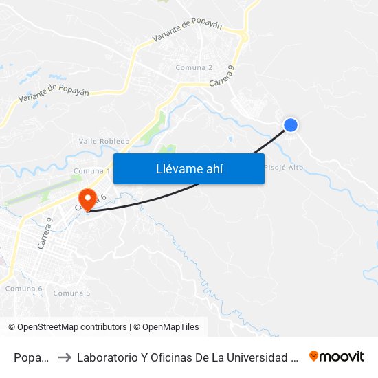 Popayan to Laboratorio Y Oficinas De La Universidad Del Cauca map