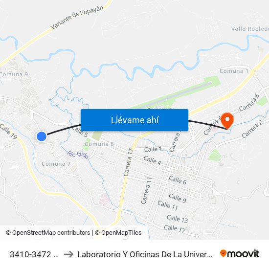 3410-3472 Calle 9 to Laboratorio Y Oficinas De La Universidad Del Cauca map