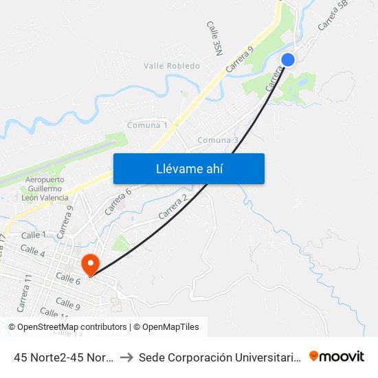 45 Norte2-45 Norte36 Carrera 6 to Sede Corporación Universitaria Autónoma Del Cauca map