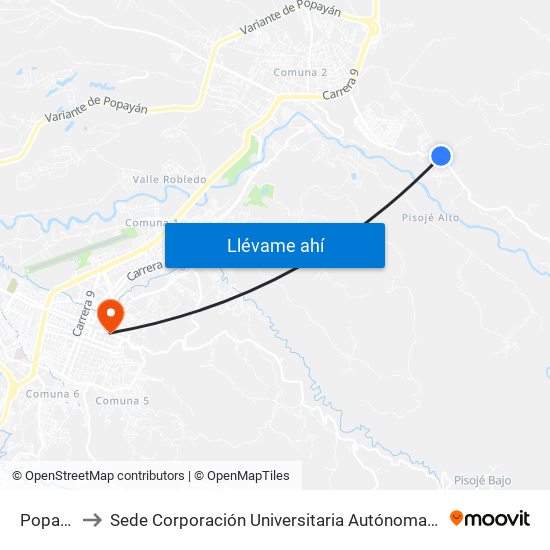 Popayan to Sede Corporación Universitaria Autónoma Del Cauca map