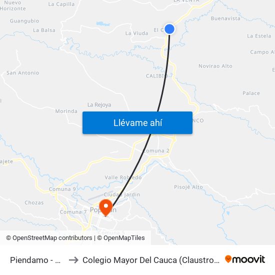 Piendamo - Popayan to Colegio Mayor Del Cauca (Claustro:La Encarnación ) map