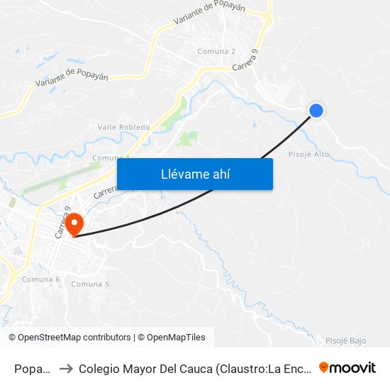 Popayan to Colegio Mayor Del Cauca (Claustro:La Encarnación ) map