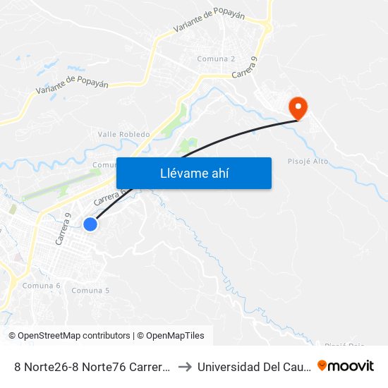 8 Norte26-8 Norte76 Carrera 3 to Universidad Del Cauca map