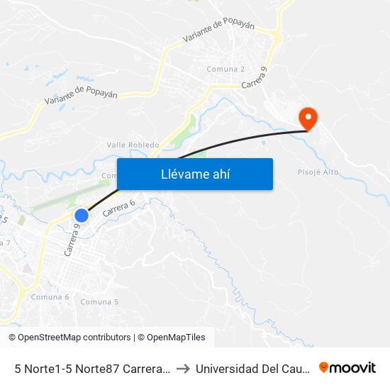 5 Norte1-5 Norte87 Carrera 9 to Universidad Del Cauca map