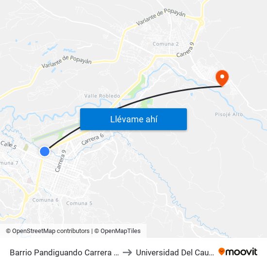 Barrio Pandiguando Carrera 17 to Universidad Del Cauca map