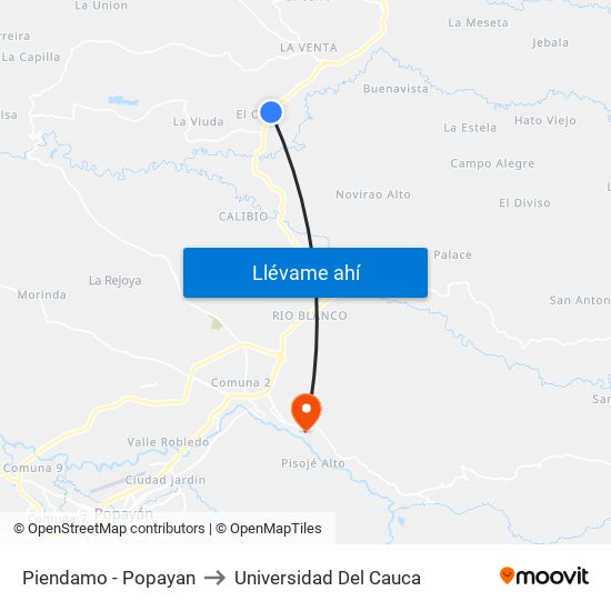 Piendamo - Popayan to Universidad Del Cauca map