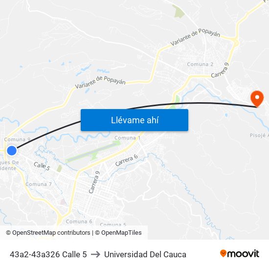 43a2-43a326 Calle 5 to Universidad Del Cauca map