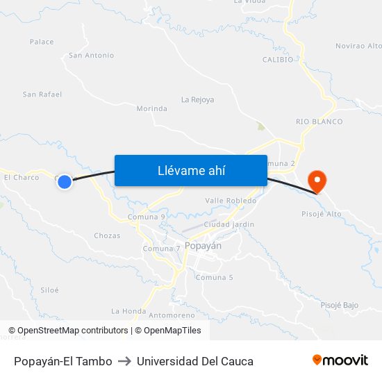 Popayán-El Tambo to Universidad Del Cauca map
