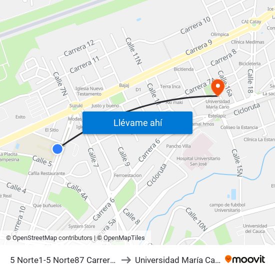 5 Norte1-5 Norte87 Carrera 9 to Universidad María Cano map