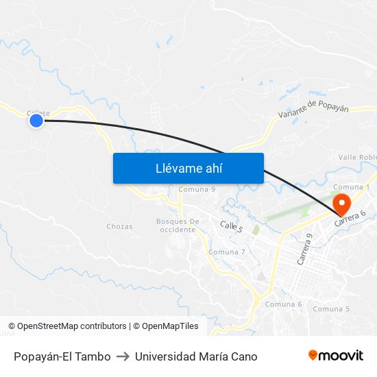 Popayán-El Tambo to Universidad María Cano map