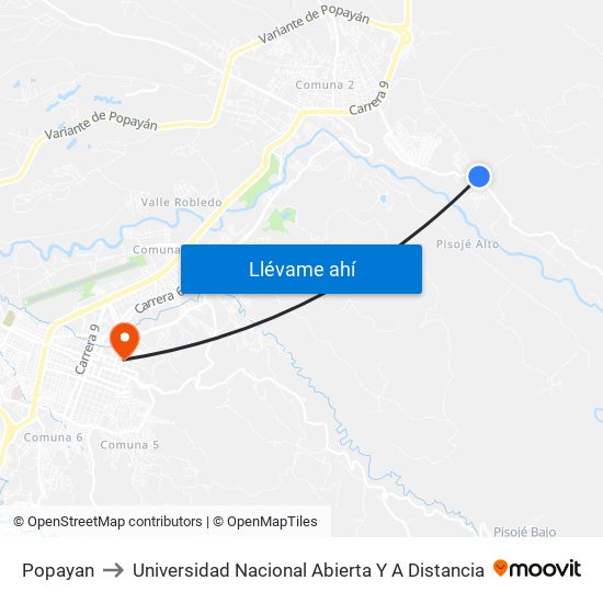 Popayan to Universidad Nacional Abierta Y A Distancia map