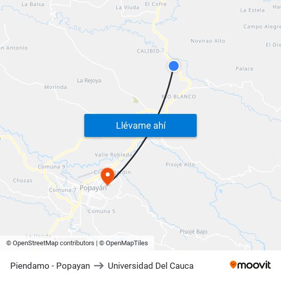 Piendamo - Popayan to Universidad Del Cauca map