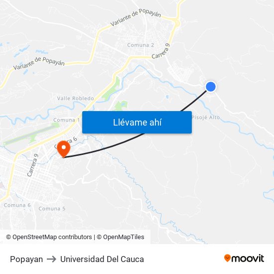 Popayan to Universidad Del Cauca map