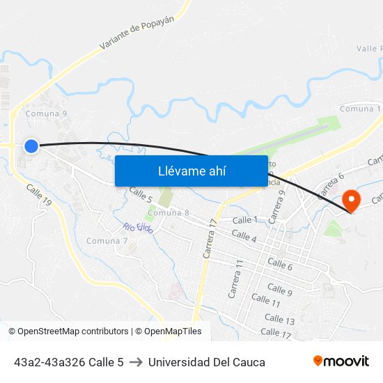 43a2-43a326 Calle 5 to Universidad Del Cauca map