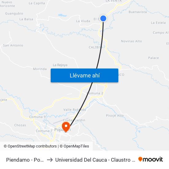 Piendamo - Popayan to Universidad Del Cauca - Claustro El Carmen map