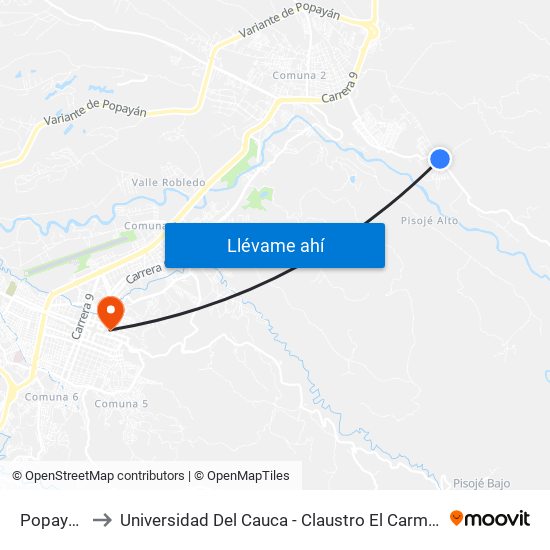 Popayan to Universidad Del Cauca - Claustro El Carmen map