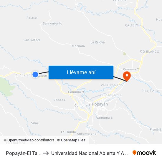 Popayán-El Tambo to Universidad Nacional Abierta Y A Distancia map