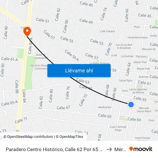 Paradero Centro Histórico,  Calle 62 Por 65 Y 67,Centro to Mérida map