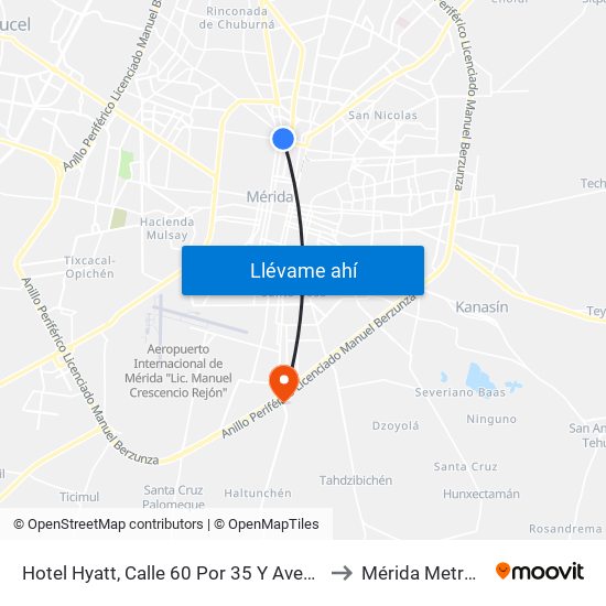 Hotel Hyatt, Calle 60 Por 35 Y Avenida Colón, Centro to Mérida Metropolitana map