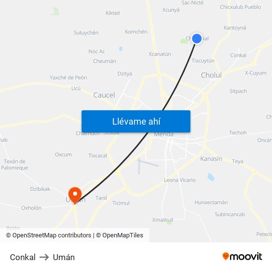 Conkal to Umán map