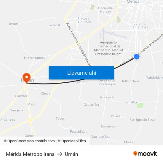 Mérida Metropolitana to Umán map