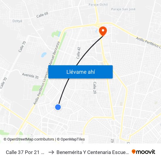 Calle 37 Por 21 Diagonal Y 36, Jardines De Pensiones. to Benemérita Y Centenaria Escuela Normal De Educación Primaria ""Rodolfomenéndez De La Peña"" map