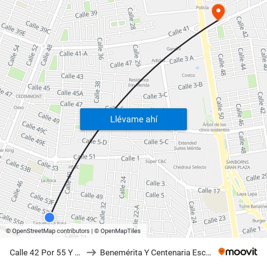 Calle 42 Por 55 Y 53h, Fraccionamiento Francisco De Montejo to Benemérita Y Centenaria Escuela Normal De Educación Primaria ""Rodolfomenéndez De La Peña"" map