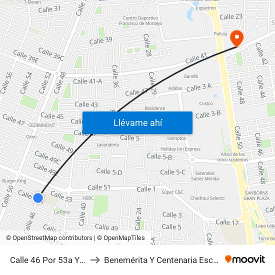 Calle 46 Por 53a Y 53b, Fraccionamiento Francisco De Montejo to Benemérita Y Centenaria Escuela Normal De Educación Primaria ""Rodolfomenéndez De La Peña"" map