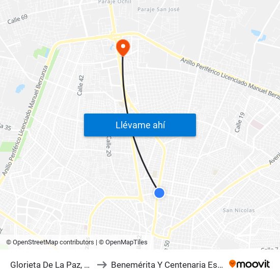 Glorieta De La Paz, Circuito Colonias Con Calle 28  Y 30, Colonia México to Benemérita Y Centenaria Escuela Normal De Educación Primaria ""Rodolfomenéndez De La Peña"" map