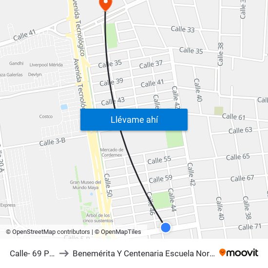 Calle- 69 Por 44 Y 46 Codemex to Benemérita Y Centenaria Escuela Normal De Educación Primaria ""Rodolfomenéndez De La Peña"" map