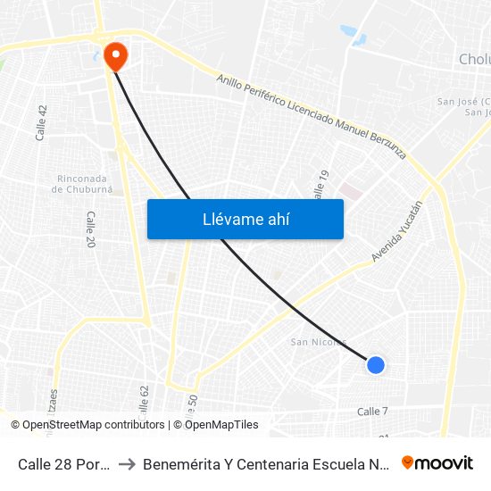 Calle 28 Por 31a Y 33, Polígono 108 to Benemérita Y Centenaria Escuela Normal De Educación Primaria ""Rodolfomenéndez De La Peña"" map