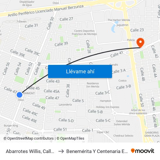 Abarrotes Willis, Calle 52 Por 49c Y 47, Fraccionamiento Francisco De Montejo to Benemérita Y Centenaria Escuela Normal De Educación Primaria ""Rodolfomenéndez De La Peña"" map