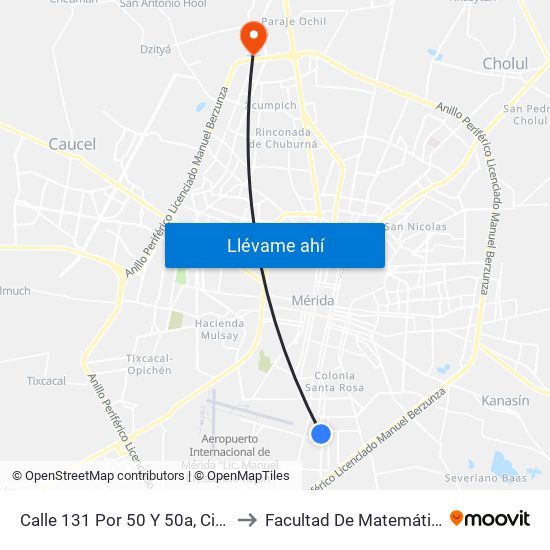 Calle 131 Por 50 Y 50a, Cinco Colonias to Facultad De Matemáticas (Uady) map