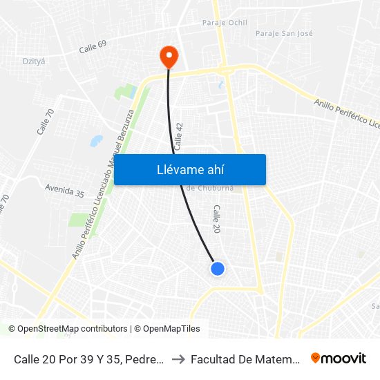 Calle 20 Por 39 Y 35, Pedregales De  Tanlum to Facultad De Matemáticas (Uady) map