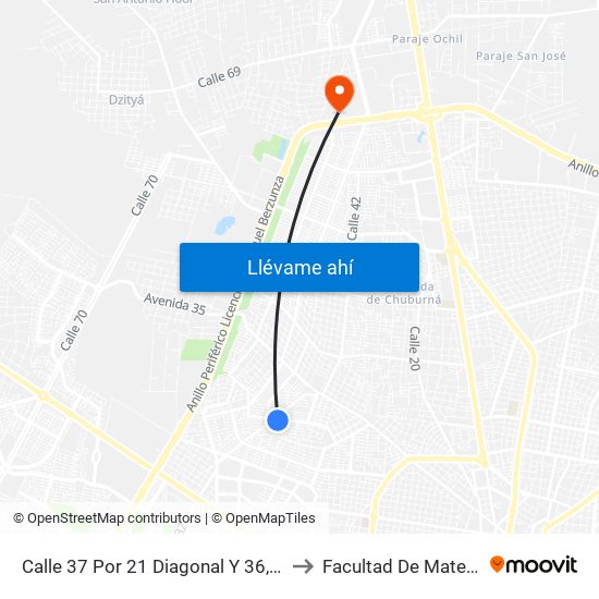 Calle 37 Por 21 Diagonal Y 36, Jardines De Pensiones. to Facultad De Matemáticas (Uady) map