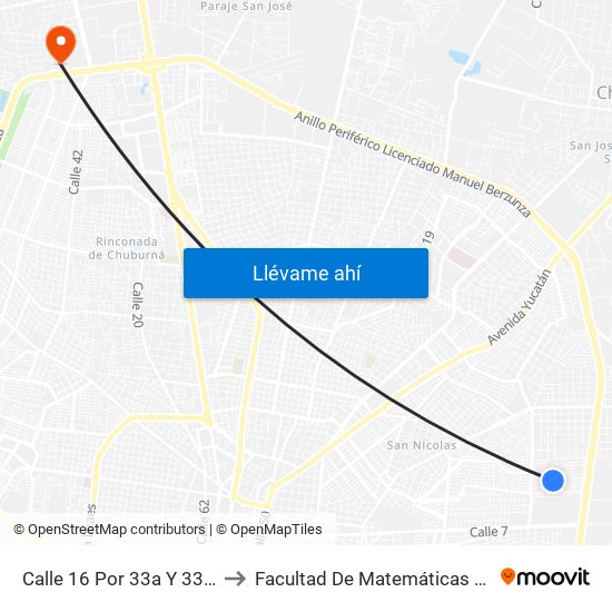 Calle 16 Por 33a Y 33, Ctm to Facultad De Matemáticas (Uady) map