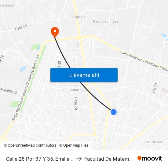 Calle 28 Por 37 Y 35, Emiliano Zapata Norte to Facultad De Matemáticas (Uady) map