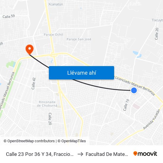 Calle 23 Por  36 Y 34,  Fraccionamiento Montecarlo to Facultad De Matemáticas (Uady) map